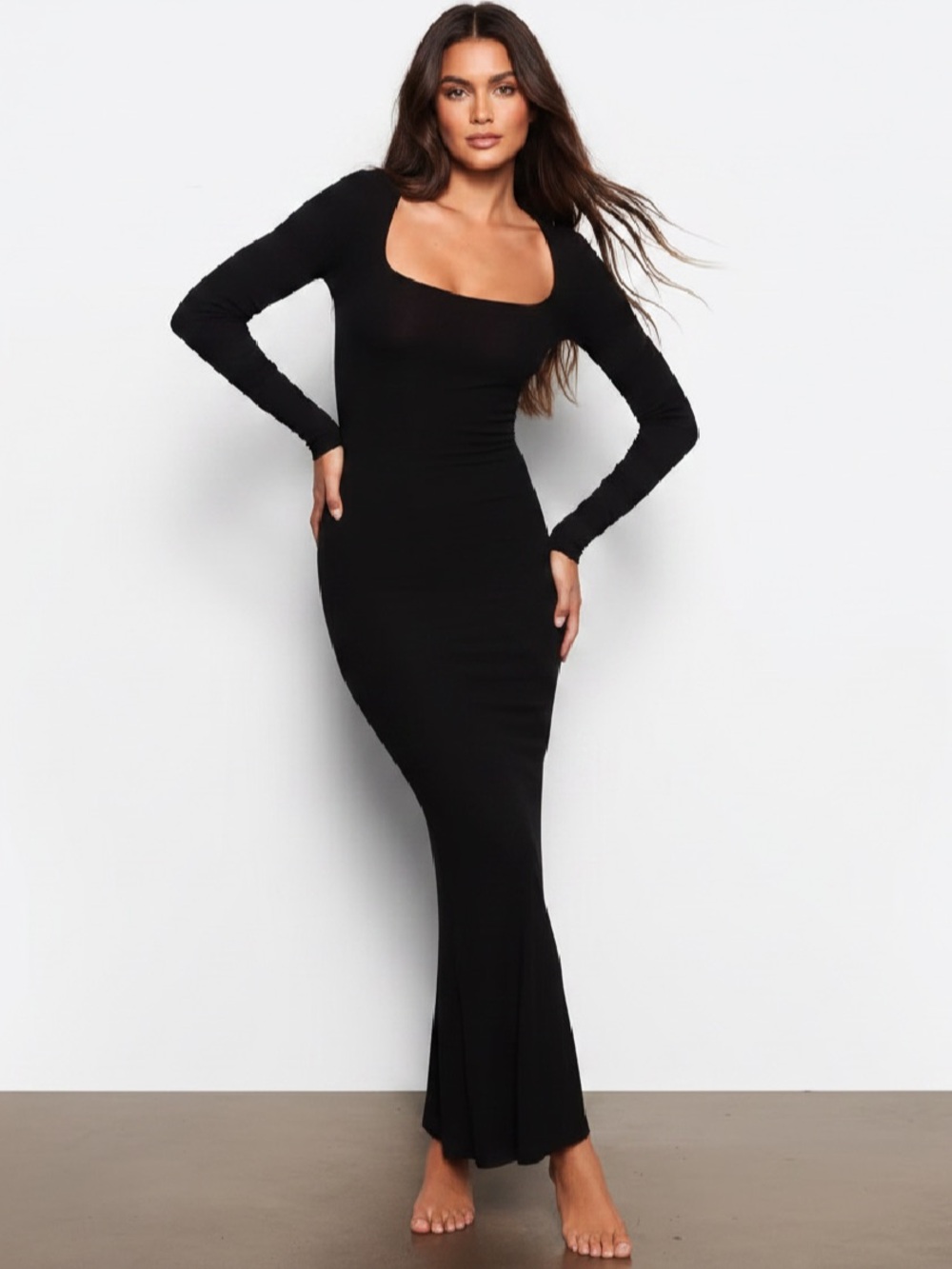 SKIMS Black Long-Sleeve Square Neck Maxi Dress ❤️❤️